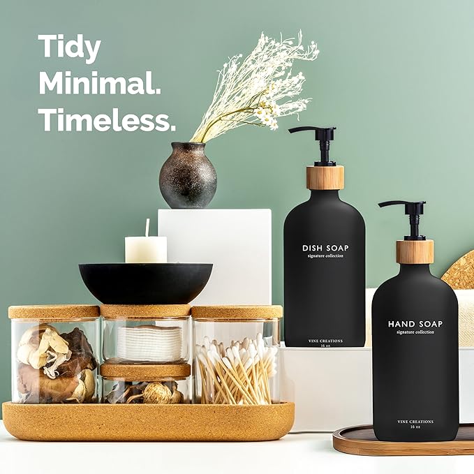 Vine Creations Black Glass Soap Dispenser Set, Hand Soap and Dish Soap Dispenser Set with Bamboo Tray, 16 oz Glass Dispensers Bottle for Kitchen and Bathroom Decor Modern Boho with Bamboo Pump (Black)