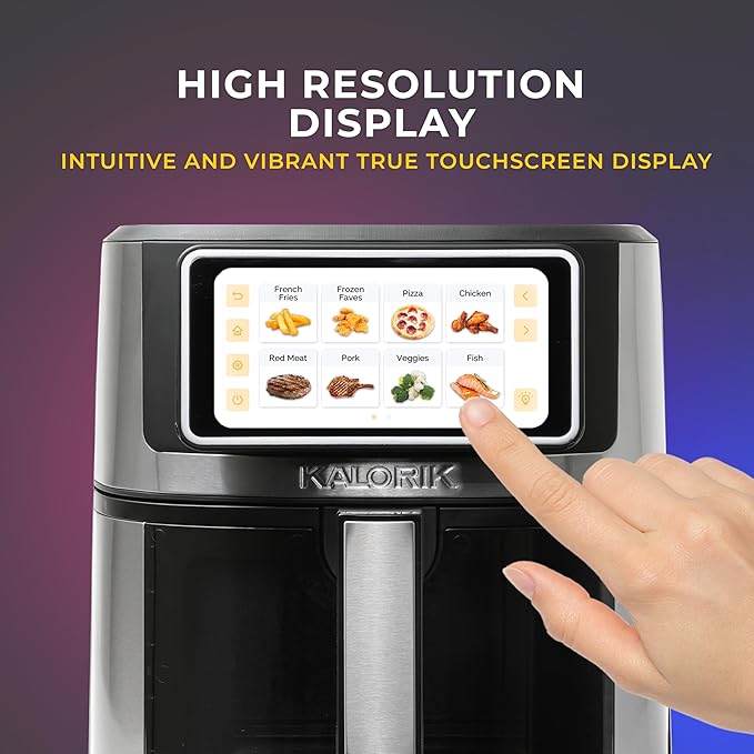 Kalorik Air Fryer VIVID TOUCH Series 5 Quart Capacity with High-Resolution Touchscreen 202 Cooking Presets in 12 Food Categories with View Window, 1500-Watts, Stainless Steel