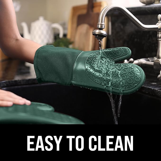 BPA-Free Silicone Oven Mitts Ultra Heat Resistant up to 500°F - Oven Mitts with Thick Cotton Liner - Long Slip Resistant Pot Holders, Flexible Oven Gloves - Green 13.7