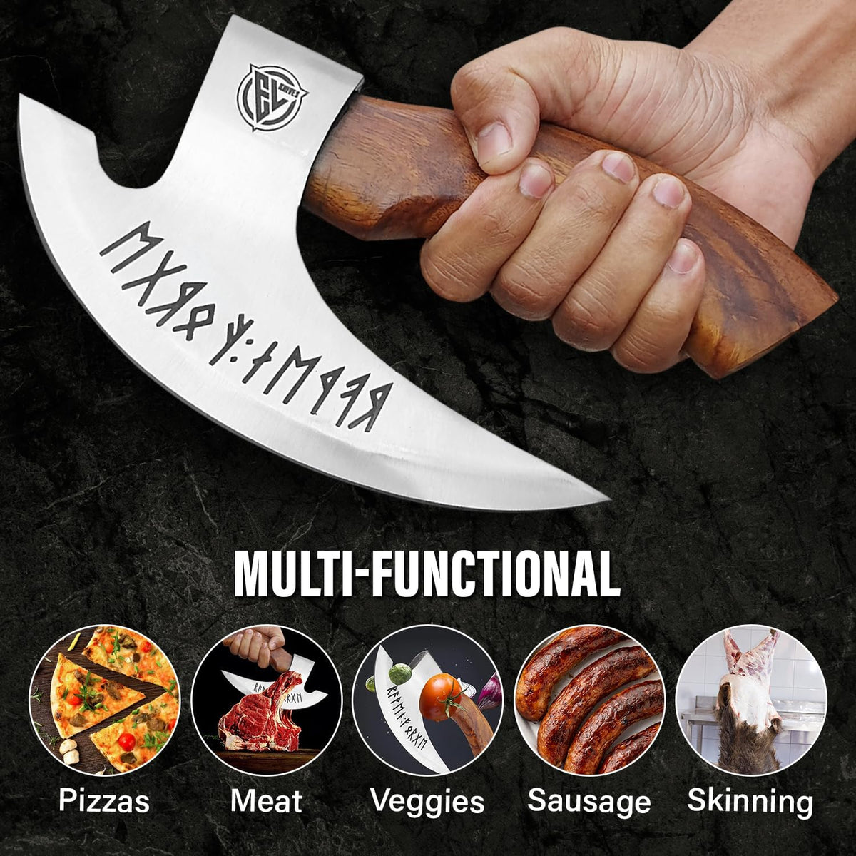 Viking Multipurpose Pizza Axe with Sheath - Rosewood Handle & Heavy Duty Axe Head - Cuts Pizza, Meat & Vegetables
