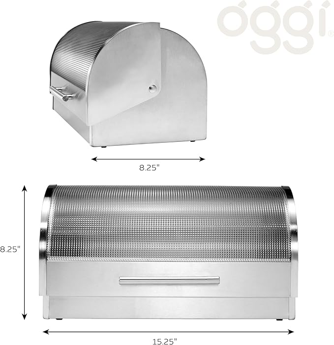 Oggi Stainless Steel Roll Top Bread Box for Kitchen Countertop with Tempered Glass Lid - Fits Multiple Large Loaves of Bread and Other Freshly Baked Goods Including Cookies, Bagels, Muffins