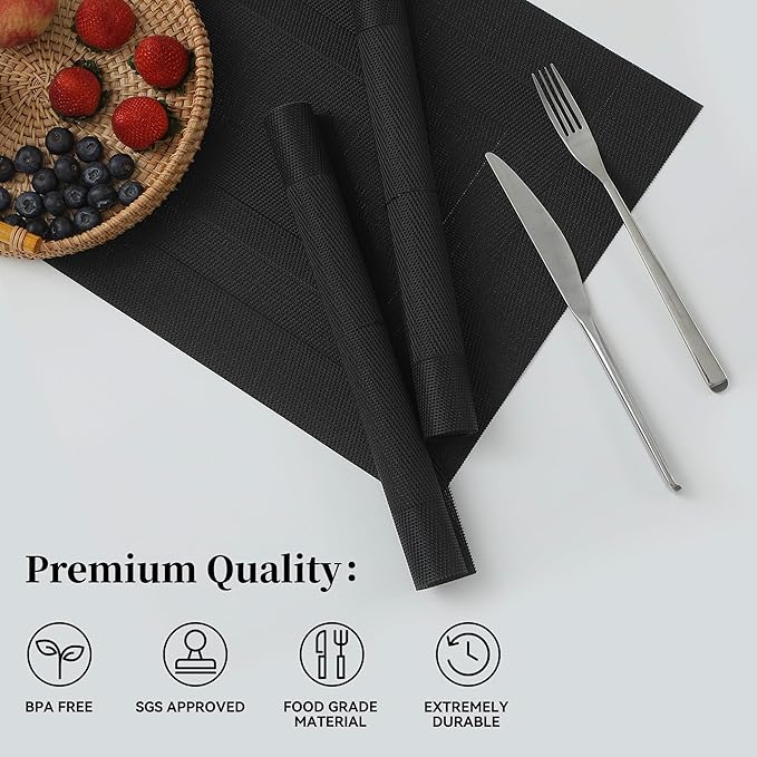 Leetaltree Black Frame Placemats Set of 4 - Heat Resistant Non-Slip Place mats for Dining Table, Washable Durable PVC Vinyl Woven Table Mats（Black Frame, 4）