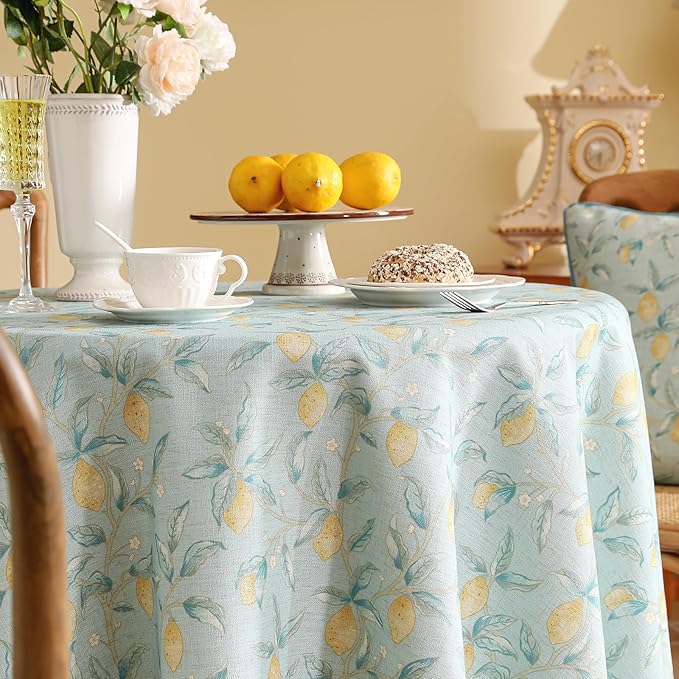 patdrea Designer Linen Vintage Green Tablecloth for Round Table,Durable Fruits Pattern Yellow Tablecloths,Fall Decor Table Cover for Kitchen Dining Christmas,Thanksgiving,Diameter 55"-Ania a