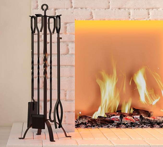 Fire Beauty 5 Pieces Fireplace Tools Sets Fireplace Accessories Tools Holder with Handles Tools for Indoor Fireplace Decor Outdoor Fire Pit Modern Tool(Sanded Black)