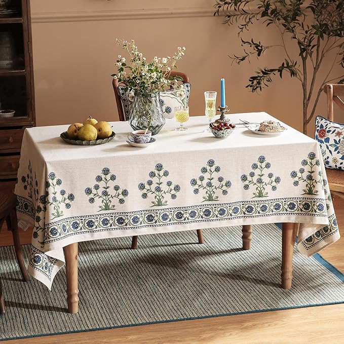 patdrea Designer Linen Vintage Blue Rectangle Tablecloth,Leaves Pattern Durable Floral Table Cloth,French Table Cover Cloth Decor for Kitchen Dining,Christmas,Thanksgiving,Party,55"x79"-Ivar B