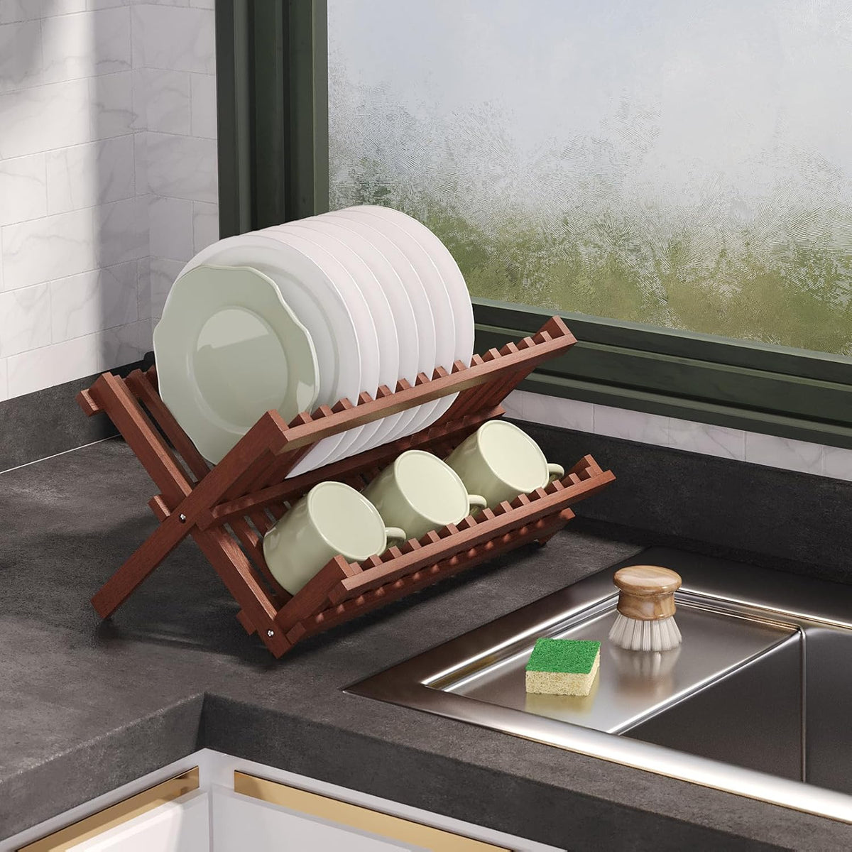 Teak Dish Drying Rack,Folding Collapsible Drainer Plate Organizer Holder for Kitchen,Foldable Spice Rack for Countertop and Cabinet,Pantry Organization and Storage