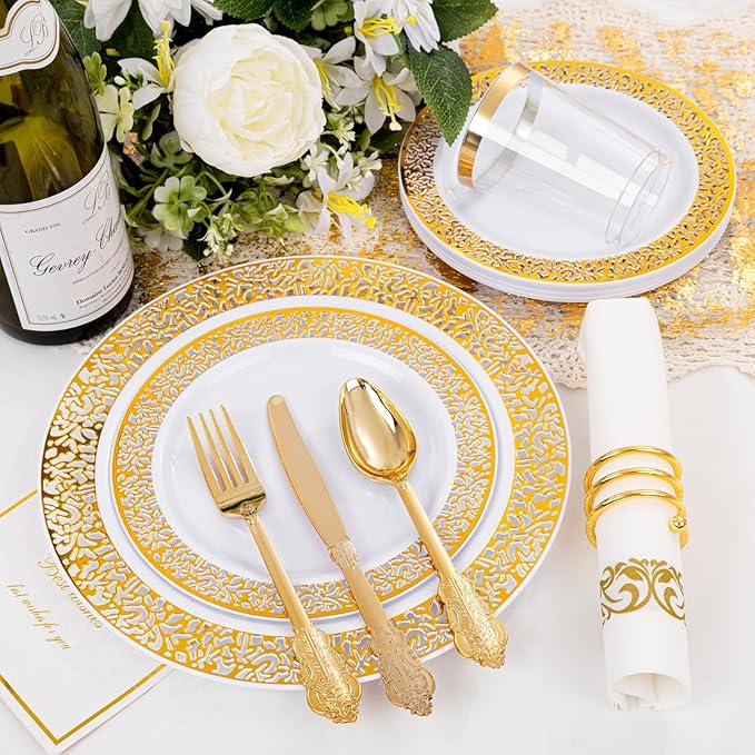 bUCLA 350PCS Gold Plastic Plates Disposable - Gold Plastic Dinnerware Set Include 50 Dinner / 50 Dessert Plates, 50 Forks, 50 Knives, 50 Spoons, 50 Cups, 50 Napkins for Party & Thanksgiving