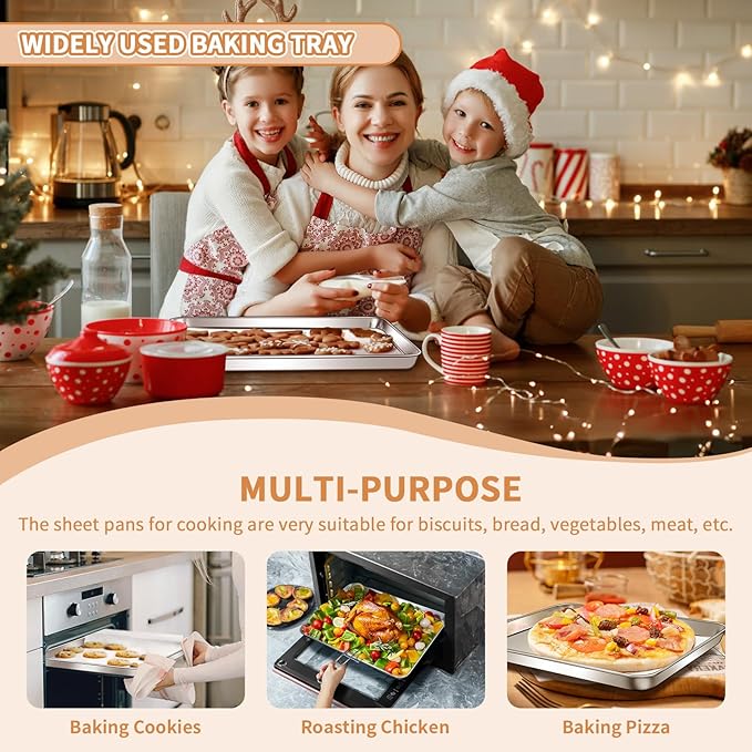 Stainless Steel Baking Sheet Set of 2, Deedro Cookie Sheet Metal Baking Pan Oven Tray, Non Toxic & Heavy Duty, Rust Free & Mirror Finish, Easy Clean & Dishwasher Safe, 17.3 x 12.3 x 1 Inch