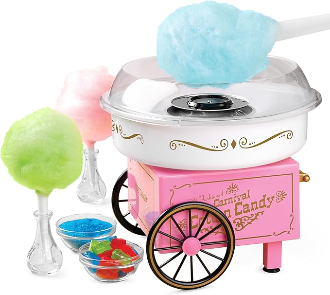 Nostalgia Vintage Hard and Sugar Free Candy Countertop Cotton Candy Maker, Includes 2 Reusable Cones And Sugar Scoop – Pink
