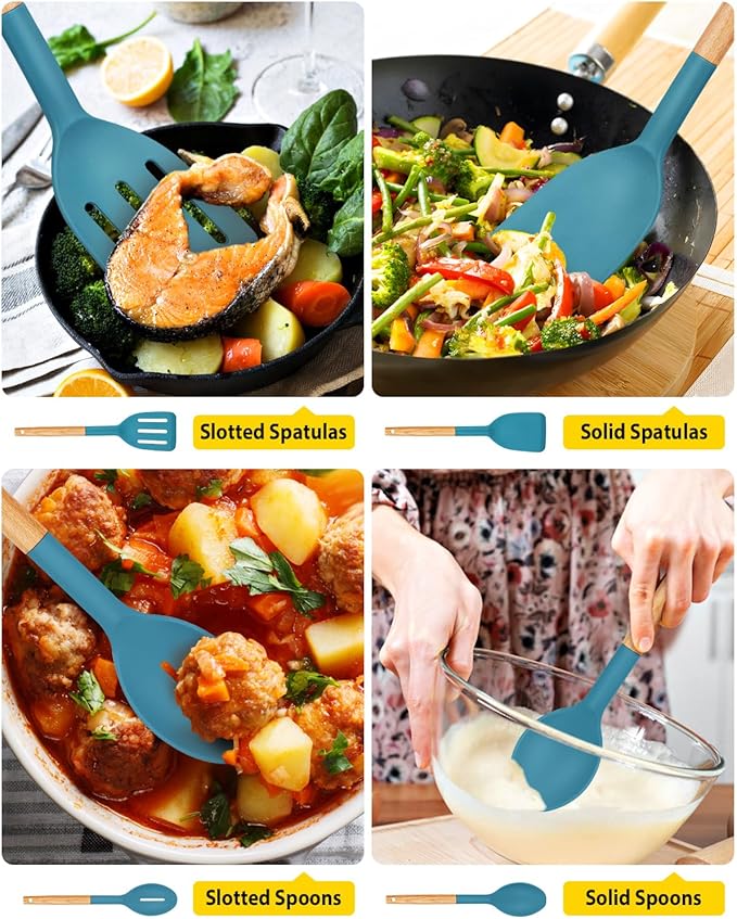 Pack of 4 Silicone Cooking Utensils Set, Non Stick Solid Spatulas and Heat Resistant Slotted Spoons with Wooden Handle, Ideal Wood Kitchen Utensils Set for Frying,Serving,Turning,Stirring (BLUE)