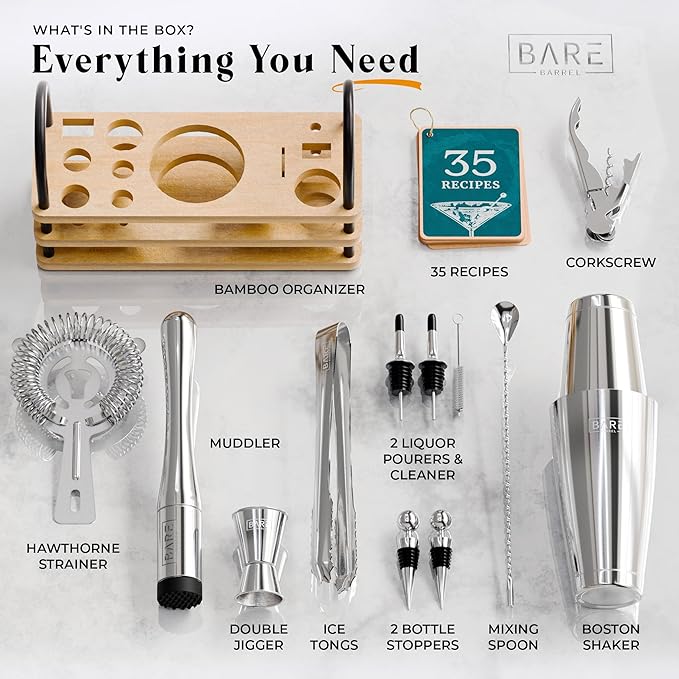BARE BARREL® Mixology Bartender Kit Bar Set | 14-Piece Cocktail Shaker Set | Martini Barware Mixing Tools for Home Bartending | 35 Recipe Cards | Gift Set (28oz Boston Shaker, Silver/Natural)