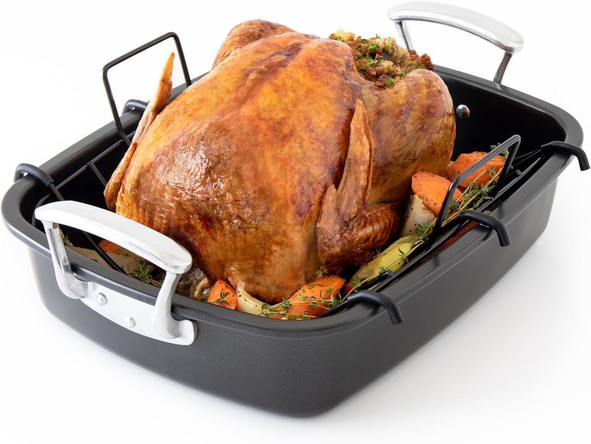 Chef Pomodoro Deluxe Large Carbon Steel Roasting Pan with U-Rack, 18.5 x 14.5-In (47 x 37 cm), Extra-Large, Grey – The Ultimate Solution for Flawless Roasts, BBQs, and Oven-to-Table Entertaining