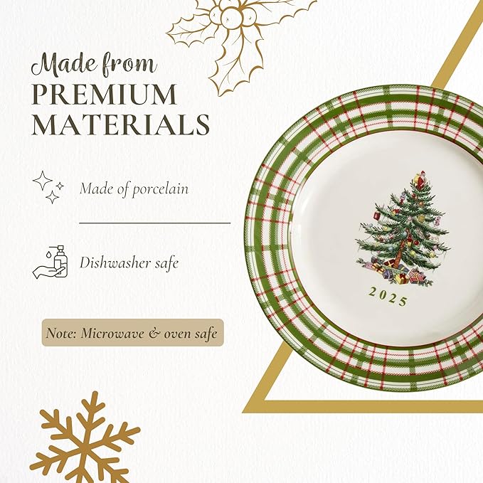 Spode Annual 2025 Collector Plate - Red & Green Plaid Border, Holiday Accent for Appetizers, Desserts & Display - 8 Inch Porcelain Plate, Microwave, Oven, Dishwasher & Freezer Safe