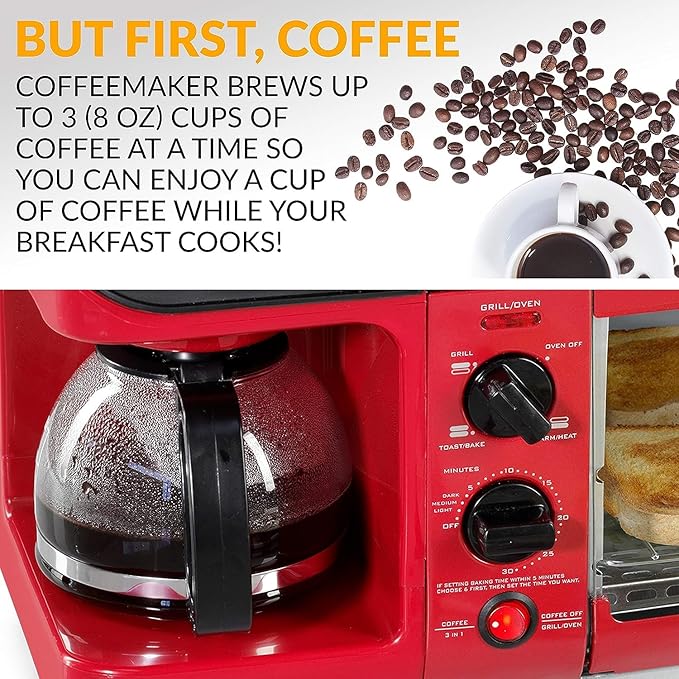 Nostalgia 3-in-1 Breakfast Station - Includes Coffee Maker, Non-Stick Griddle, and 4-Slice Toaster Oven - Versatile Breakfast Maker with Timer - Red
