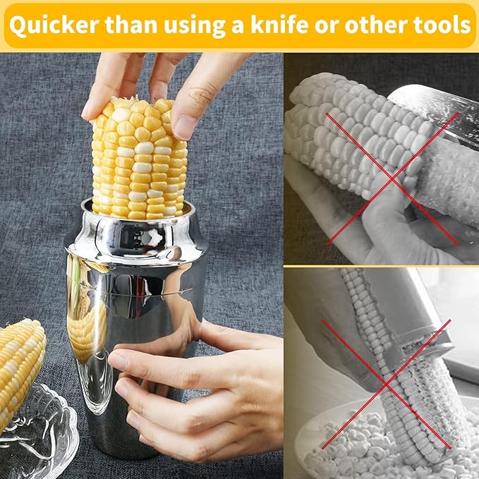Newness Corn Stripper Peeler & Cutter with Cup, 304 Stainless Steel Cob Thresher, Off-Cob Kernel Remover & Slicer with Serrated Blade for Home & Kitchen