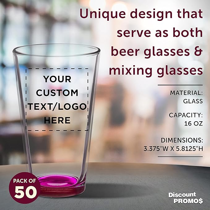 Custom Arc Pint Glass 16 oz. Set of 50, Personalized Bulk Pack - Beer Glasses, Heavy Duty Drinkware - Pink