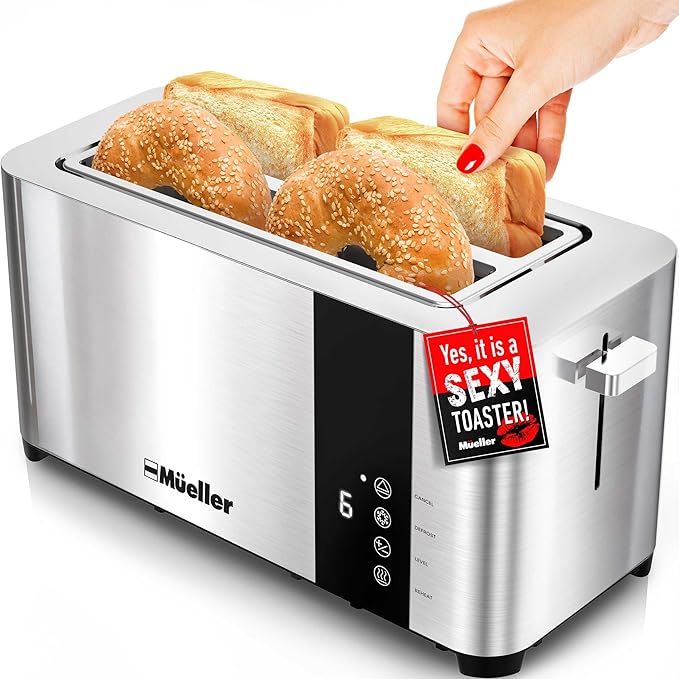 Mueller UltraToast Stainless Steel Toaster 4 Slice – Extra-Wide 1.6" Slots for Artisan Bread, Bagels & Frozen Waffles, 6 Browning Levels, LED Display, Cancel/Defrost/Reheat, Removable Crumb Tray