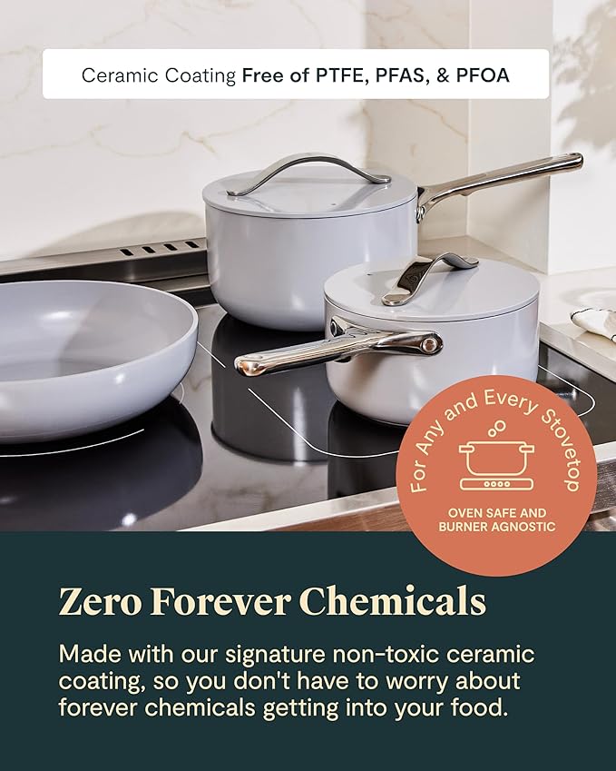 Caraway Nonstick Ceramic Cookware Set (12 Piece) Pots, Pans, Lids and Kitchen Storage - Non Toxic - Oven Safe & Compatible with All Stovetops - White