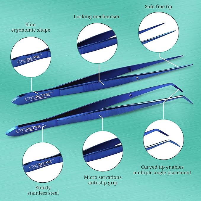 O'Creme Blue Stainless Steel Precision Kitchen Culinary Fine-Tip Tweezer Tongs, 1 Curved and 1 Straight