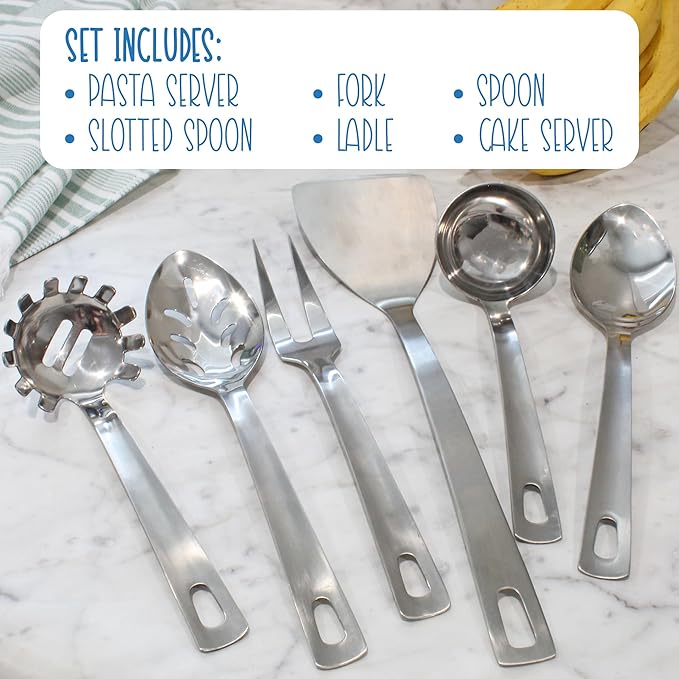 Darware Complete Serving Set (6-Piece, Silver); w/Pasta Server, Fork, Slotted Spoon, Ladle, & Cake/Casserole Server