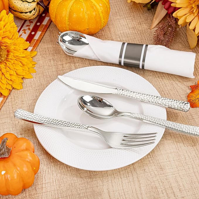 WELLIFE 400PCS Silver Plastic Silverware, Pre Rolled Silverware Set Disposable,Plastic Cutlery Includes: 100 Forks, 100 Knives, 100 Spoons, 100 Napkins, Cutlery Set Disposable