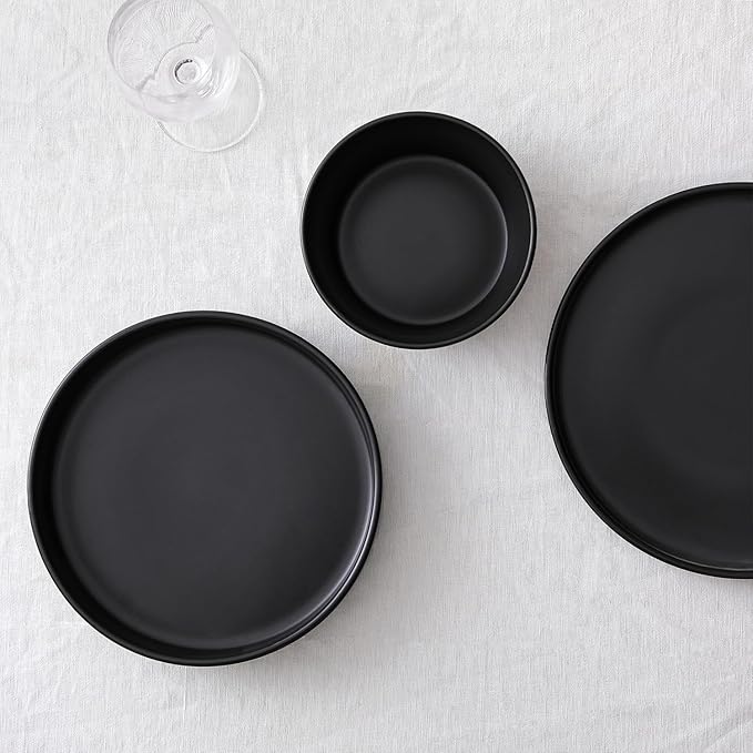 Stone Lain Celina Stoneware 12-Piece Dinnerware Set, Cereal and Pasta Bowls, Black, Coupe