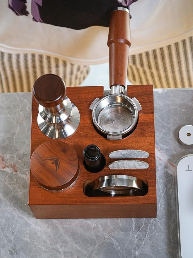 58mm Espresso Accessories Organizer Premium Rosewood Espresso Tamping Station Coffee Tool Stand for Tamper, Portafilter, Funnel, WDT, RDT Bottle Barista Espresso Setup Kit Box