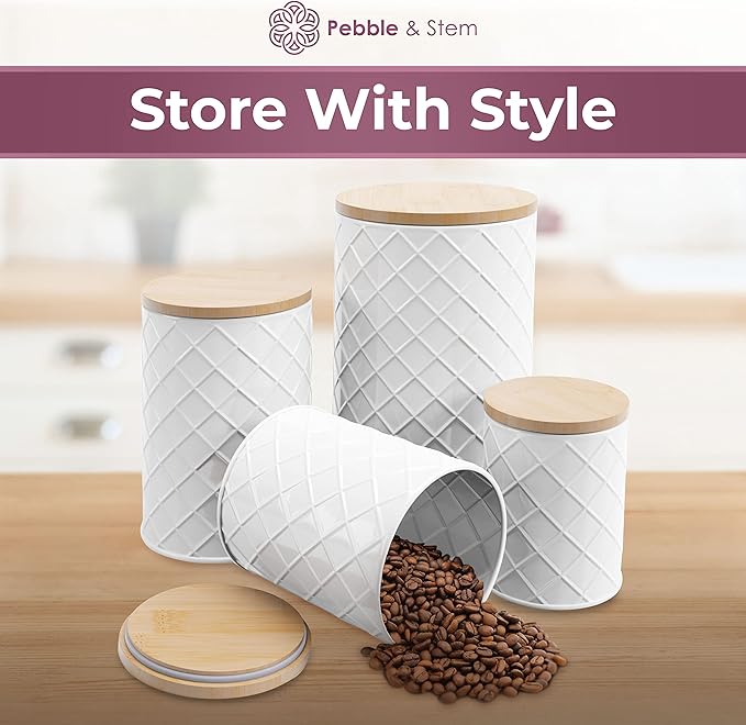 Pebble & Stem® White Metal Canister Set for the Kitchen Counter, Food Canister Set of 4, Airtight Lids, Sugar and Flour Containers for Countertops, Coffee and Tea Storage, Farmhouse Decor