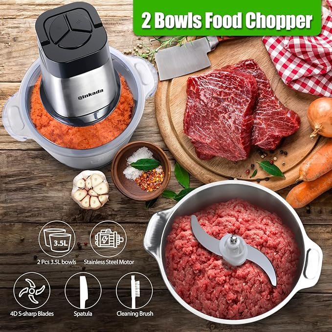 Qinkada Food Processor, 2 Stainless Steel Bowls, 14Cup, 500W Powerful Electric Meat Grinder, 3 Speed Modes 4 Bi-Level Blades for Onion, Meat, Nuts, Fruit, Garlic, Vegetable, Baby Food