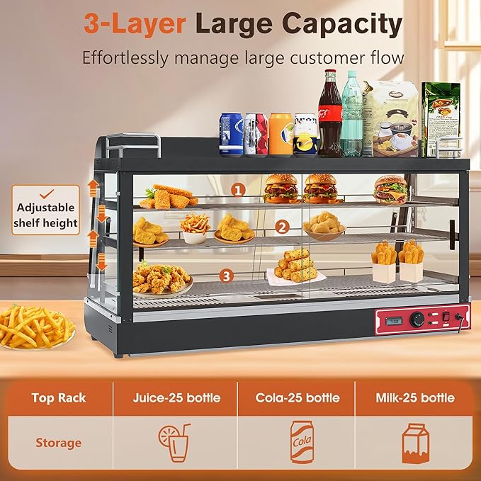 Whalefall Countertop Food Warmer with top Holder, 44 inch Commercial Food Warming Cabinet, tri-Color Lighting, w/Thermometer and Adjustable Thermostat for Cafeteria Kitchens Restaurants
