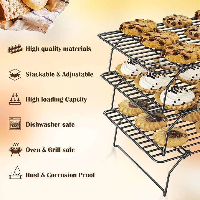 3 Tier Stackable Cooling Rack for Batch Cooling Cookie, Pizza, Cake-15.8”x 10”- Heavy Duty Cooling Racks for Cooking and Baking, Oven and Dishwasher Safe Baking Supplies-Black