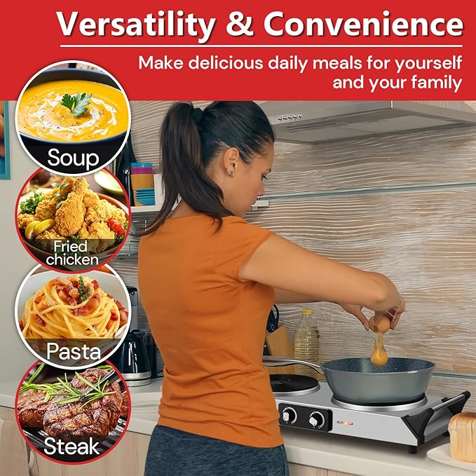 Hot Plate, Techwood 1800W Portable Electric Stove for Cooking Countertop Dual Burners with Adjustable Temperature & Handles, 7.5” Cooktop for Home/RV/Camp, Compatible for All Cookwares, Silver