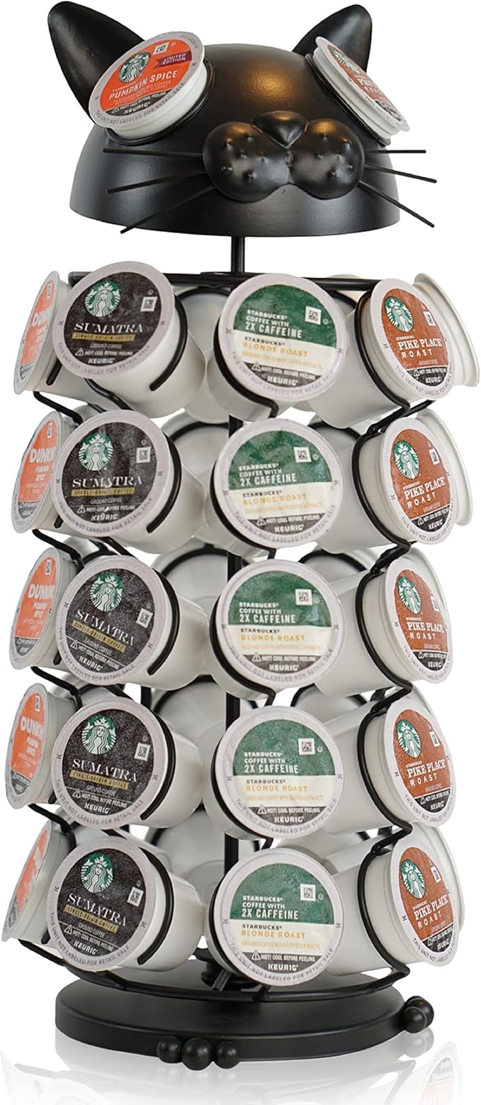 Made Easy Kit Carousel Coffee Pod Holder, Compatible with Keurig K-Pods K-Cups, Countertop Rack Storage Organizer, Metal Home and Kitchen Decor, Capsule Café Station Bar (Large, Black Cat)
