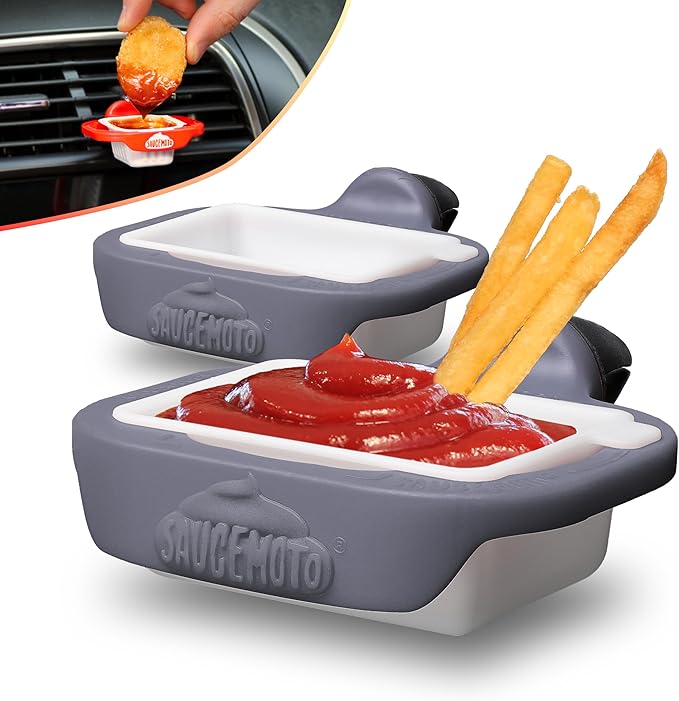Saucemoto Dip Clip | An in-car sauce holder for ketchup and dipping sauces. As seen on Shark Tank (2 Pack, Gray)