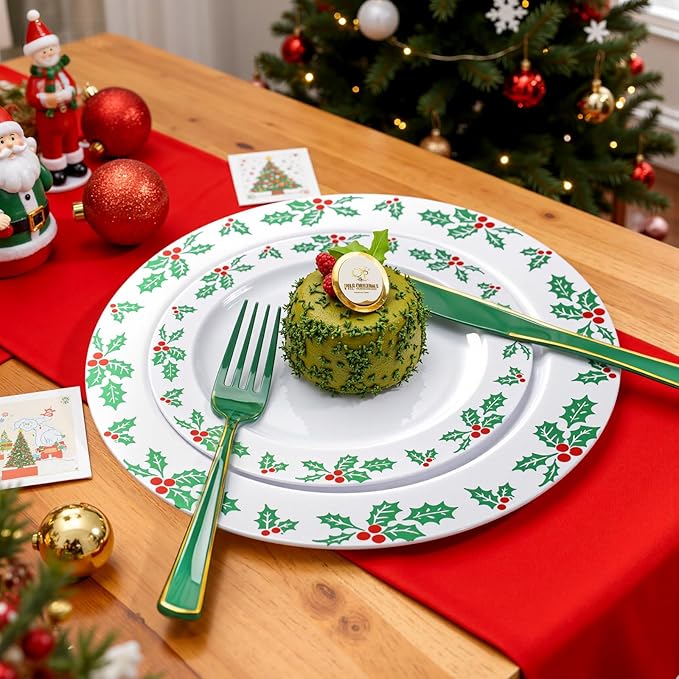 WDF 180PCS Green Plastic Silverware - Green Utensils 60 Forks, 60 Knives and 60 Spoons - Heavy Duty Christmas Plastic Cutlery for Party Supplies/Christmas