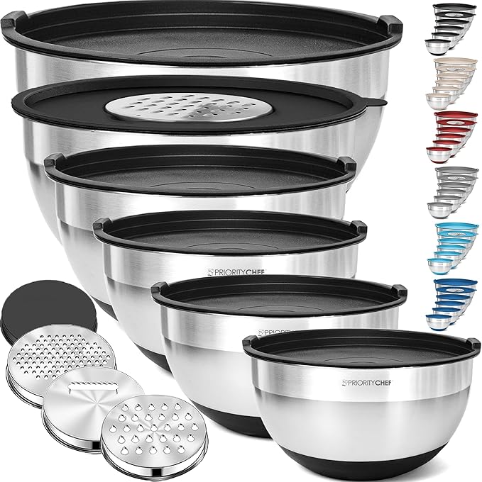 Priority Chef 6Pc Large Mixing Bowls With Lids Set with Non-Slip Bases, Stainless Steel Mixing Bowl Set, 6 Airtight Lids and 3 Graters, Black
