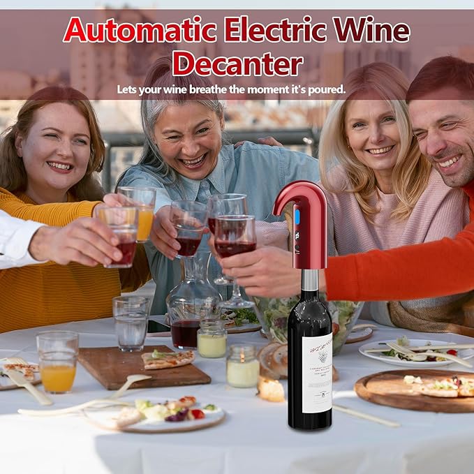 Electric Wine Aerator & Dispenser – 1-Touch Instant Aeration, Precision Pouring & Temp Display – USB Rechargeable Gift Edition for Parties, Holidays & Wine Lovers (Red)