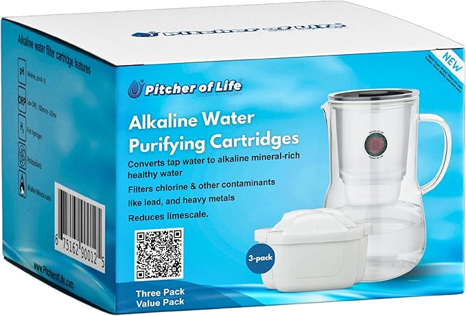 Borosilicate Glass PITCHER OF LIFE with Stainless Steel Infuser Alkaline Water Replacement Filter Pack of 3