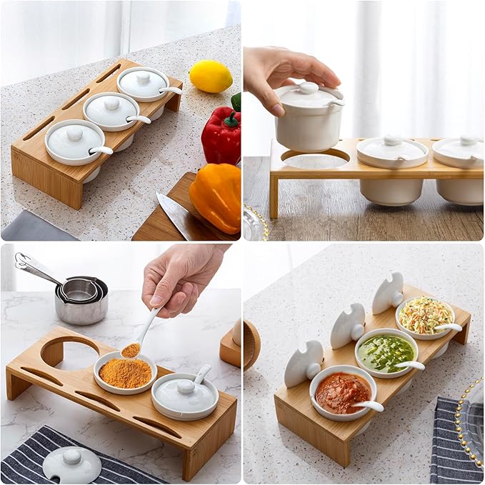 MyGift 10 Pcs Sauce Serving Dish, Hosting Party Essentials Host Gift, 3 Ceramic Ramekin Chip Dip Bowls with Lids & Spoons, Premium Bamboo Server Tray, Condiment Pot Entertaining