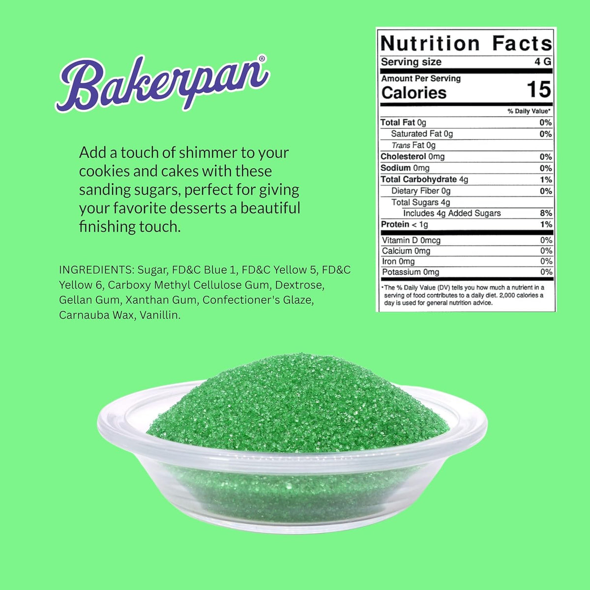 Bakerpan Green Sanding Sugar for Baking & Cookie Decorating - 5 Ounce Edible Green Sugar Sprinkles for Cookies, Cakes, Cocktails (Made In USA)