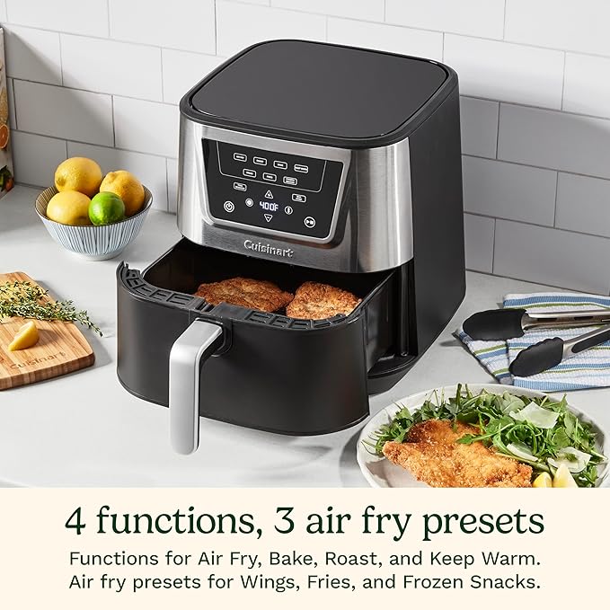 Cuisinart Air Fryer, Large 6-Quart Basket with 4 Cooking Functions to Air Fry, Bake, Roast, and Keep Warm, 3 Presets, PFAS-Free, Dishwasher-Safe Parts, AIR-180, Black & Stainless Steel