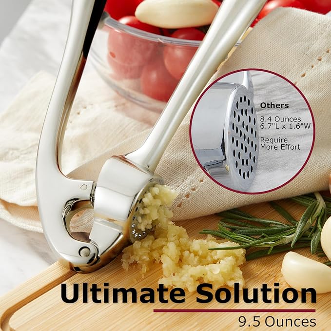 Kitessensu High Effective Garlic Press With Studs, Heavy Duty Garlic Mincer, Easy to Squeeze and Clean, Rust Proof & Dishwasher Safe, Ginger Crusher- Imperial Silver