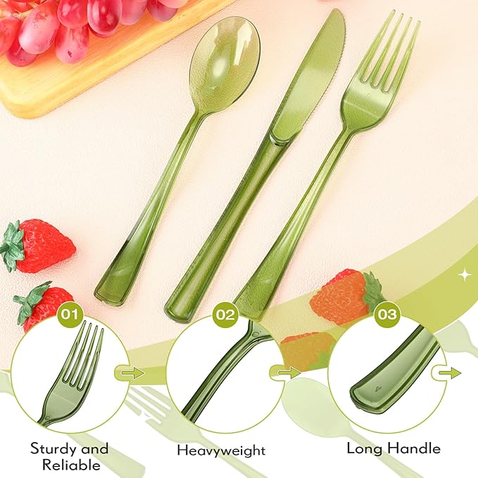 Minatee 150 Pieces Disposable Cutlery Set Plastic Silverware Heavy Duty Utensil Sets 50 Forks 50 Knives 50 Spoons for Home Office School Party Picnics Restaurant Outdoor Events(Olive Green)