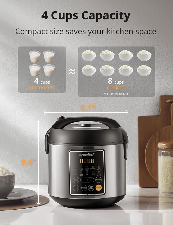 COMFEE' Rice Cooker, 4 Cups Uncooked, 8 Cups Cooked Slow Cooker, 2 Qt Small Multicooker with 10 Presets, Steamer & Grain Cooker, Non-Stick Inner Pot