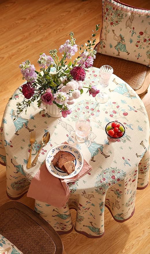 patdrea Designer Beige Tablecloth for Round Table,Vintage Italian Linen Trees Pattern Table Cloth,Decor Cover for Kitchen Dining Christmas,Thanksgiving,Tea Party,Diameter 55"-Tatiana a