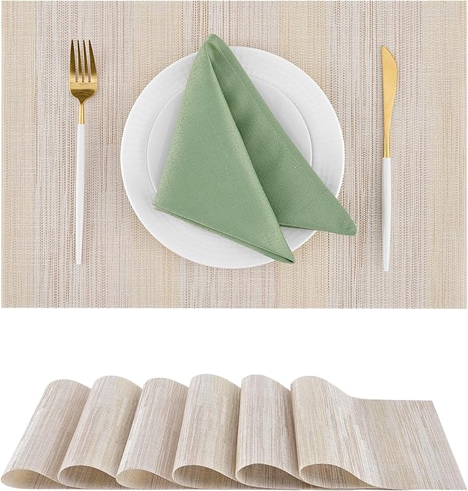 Leetaltree Lightsteel Beige with Yellow Placemats Set of 6 - Heat Resistant Non-Slip Place mats for Dining Table, Washable Durable PVC Vinyl Woven Table Mats (Lightsteel Beige with Yellow, 6)