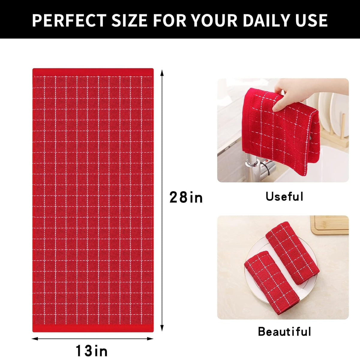 Homaxy 100% Cotton Terry Kitchen Towels(Red, 13 x 28 inches), Checkered Designed, Soft and Super Absorbent Dish Towels, 12 Pack