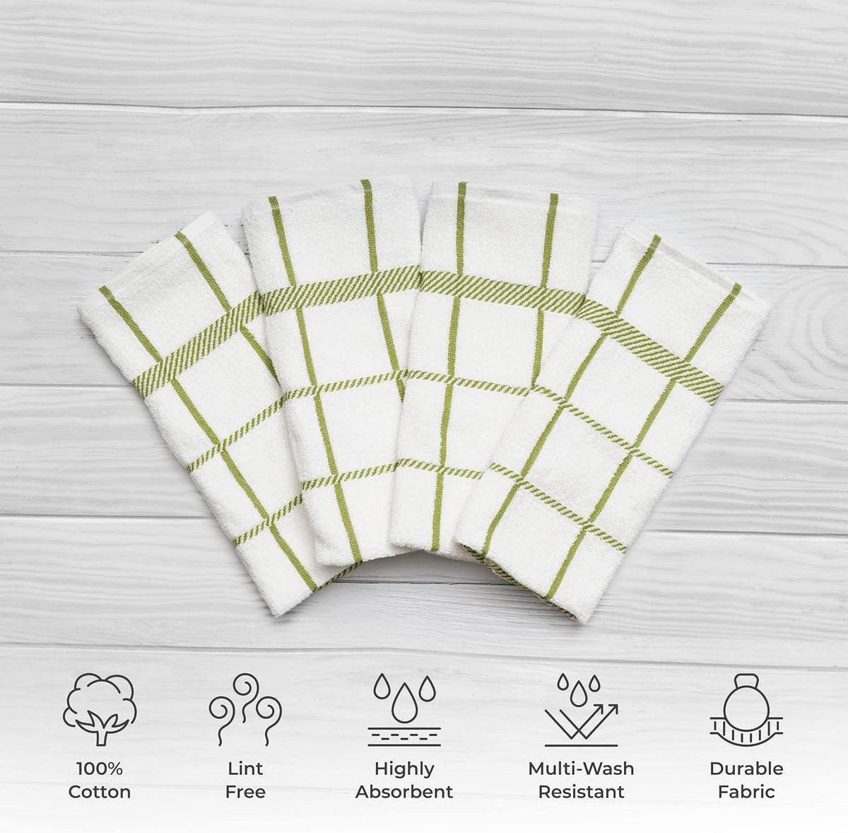 100% Cotton Terry Dish Towels, 4 Pack Checks, 16 x26 Inches, Super Soft and Absorbent Kitchen Towels, Perfect for Kitchen Cleaning and Dish Washing | Green
