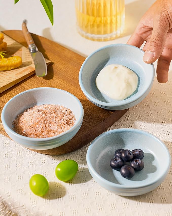 famiware Pluto Soy Sauce Dishes of 6, 3 oz Dipping Sauce Cups/Bowls/Dishes for Kitchen, Ceramic Small Bowls for Side Dish, Appetizers, Snacks, and Sushi, Reactive Glaze, Light Blue