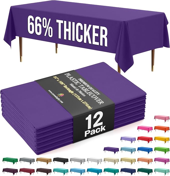 Exquisite 66% Thicker Premium Plastic Table Cloth Rectangle Table Cover 0.5 Mil 12 Pack Purple Table Cloth 54 Inch x 108 Inch Disposable Tablecloth Won't Tear Easily Like Cheap Thin Brands